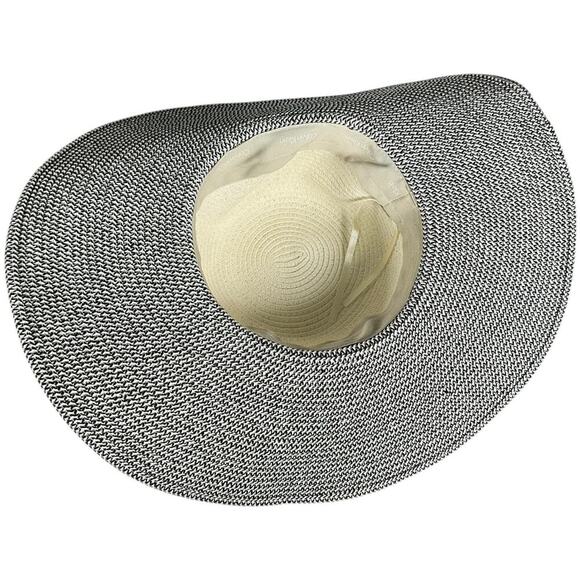 Calvin Klein Wide Brim Straw Sun Hat Drawstring Adjustable Black White Old Money